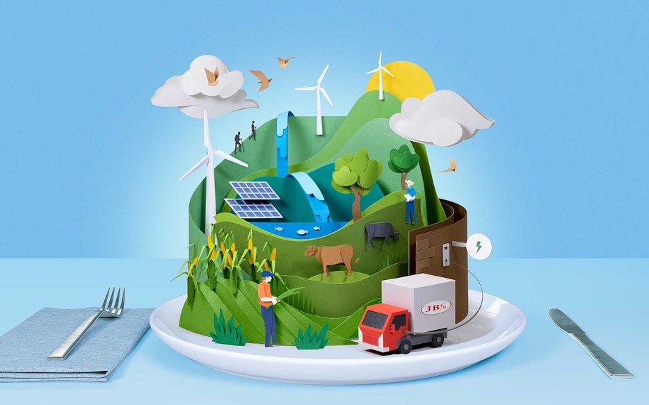 Illustrations of a living, sustainable landscape, including windmills, solar panels, and electric trucks threading through forests, waterfalls, and farmland, rise from a dinner plate.